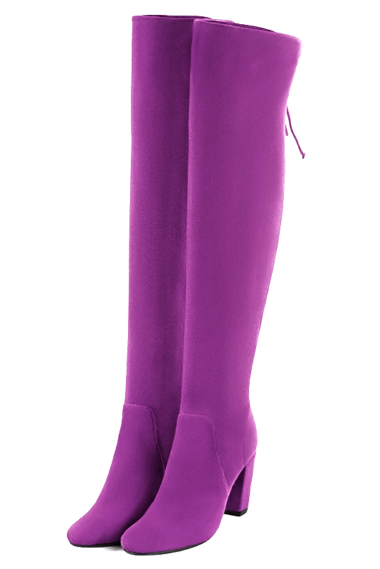 Mauve purple women's leather thigh-high boots. Round toe. High block heels. Made to measure. Front view - Florence KOOIJMAN